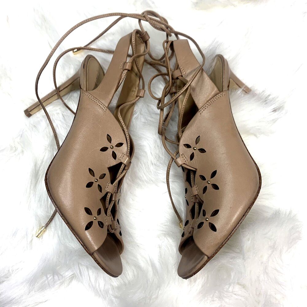 VTG Michael Kors Y2K Thalia Lace Up Sandal High Heels Tan S Laser cut Leather